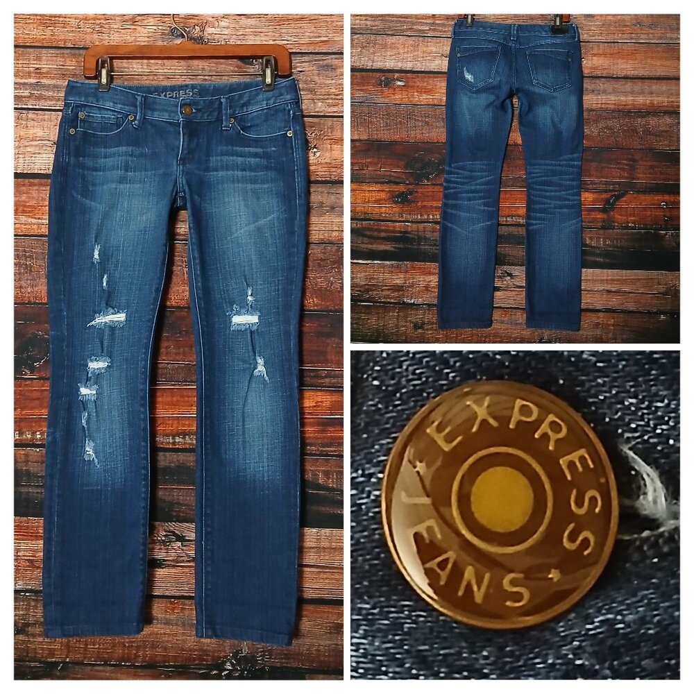 Express Hipster Jeans 4 Low Rise Slim Straight Distressed Dark Wash Denim '09